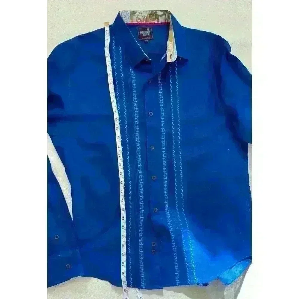 Vintage American Blues Embroidered Men’s Shirt XL Linen Mexico Long sleeve Blue